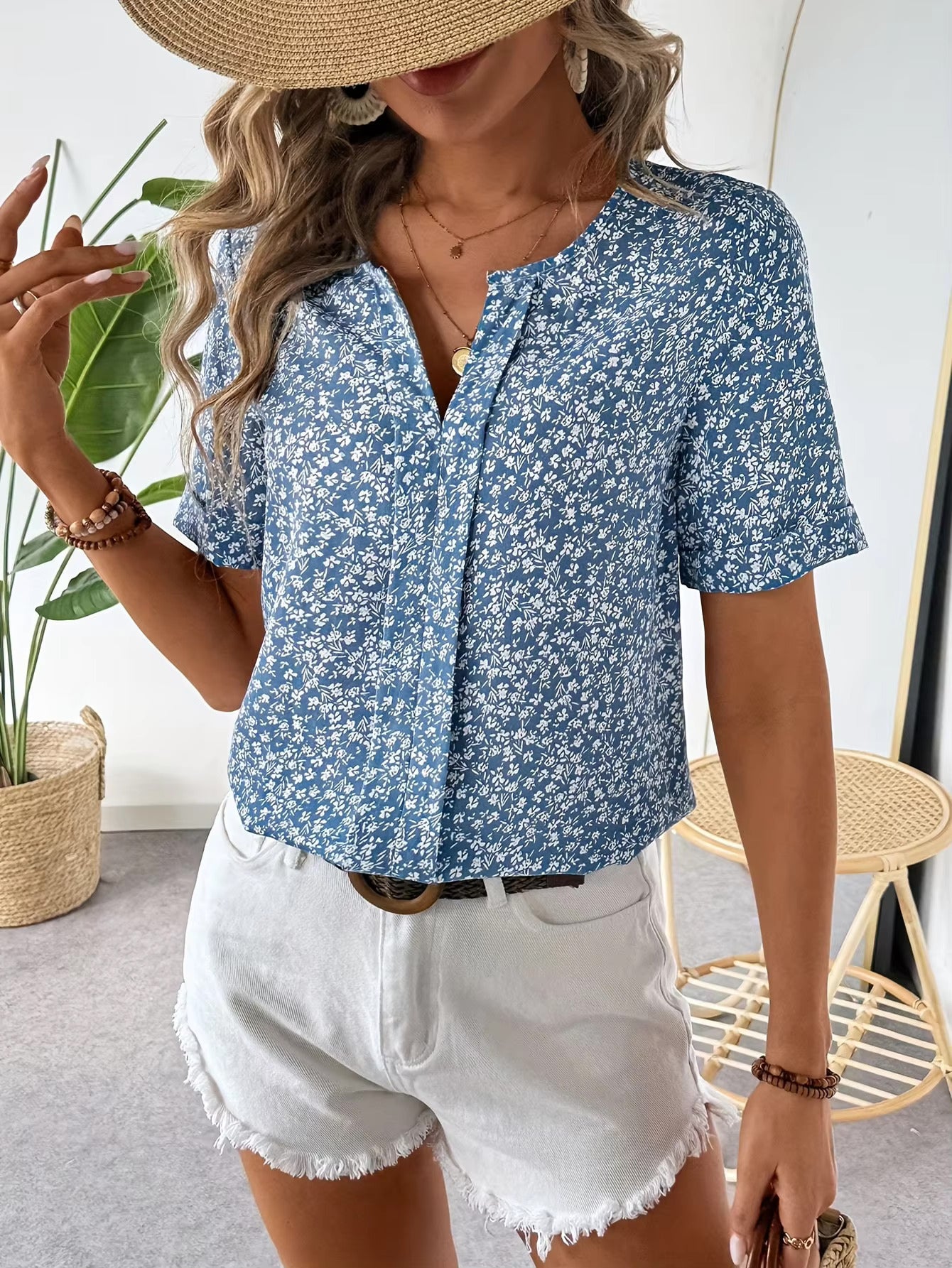 Eva | Floral Print Notched Collar Blouse